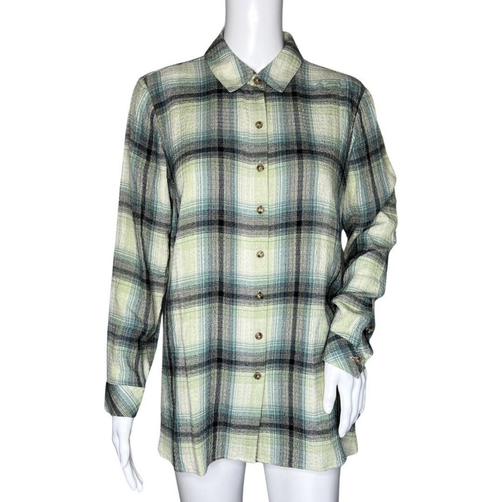 J.Jill Plaid Button Up Shirt Size 4X Green Blue Rayon Blend Casual Outdoors Soft